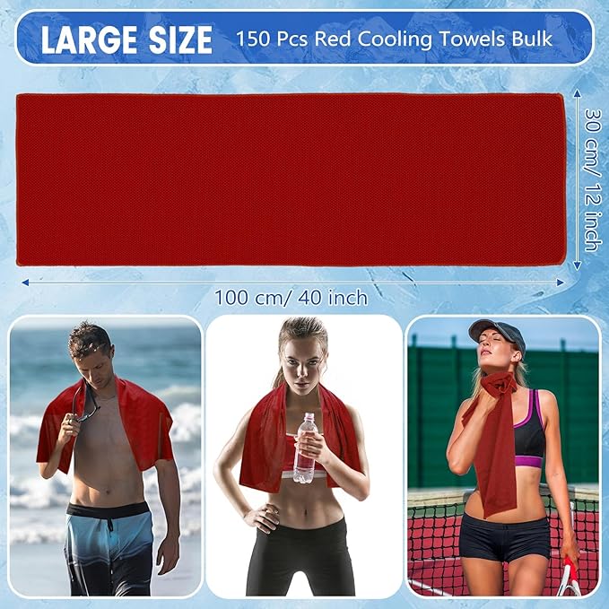 Hosuly 150 Pack Cooling Towels Bulk 40 x 12 Inch Large Chilly Breathable Sweat Sports Cold Towels Sublimation Microfiber Ice Neck Rags for Hot Weather Workout Baseball Softball Gym Team Gift(Red)
