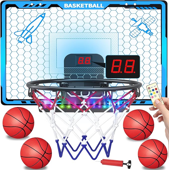 Awsoo Mini Basketball Hoop for Kids,Indoor Basketball Hoop with4 Basketballs, Colorful LED and Scoreboard, Mini Hoop Toys for 5 6 7 8 9 10 11 12 Year Old Boys Girls (Blue)