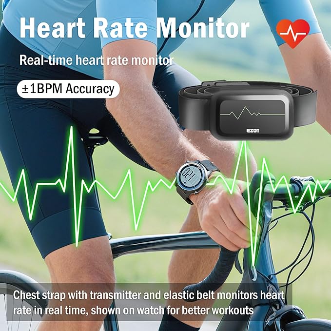 EZON Heart Rate Monitor Chest Strap, Exercise Heart Monitor, Sports Watch with HRM, Waterproof/Stopwatch/Hourly Chime, Steel Silver, T007A11
