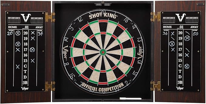 Viper Stadium Cabinet & Shot King Sisal/Bristle Dartboard Ready-to-Play Bundle with Two Sets of Steel-Tip Darts, Throw Line, and Dry Erase Scoreboards, Walnut Finish