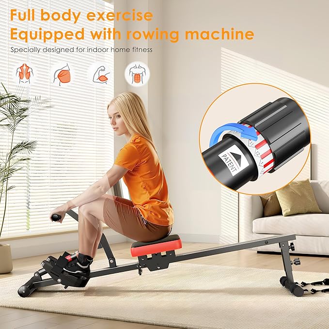 soges Rowing Machine for Home,Indoor Exercise Rower Machine with Digital Monitor,12 Levels Adjustable Resistance Portable Rower w/Wheels,400LBS Weight Capacity Gyms Fitness and Cardio Training,Black