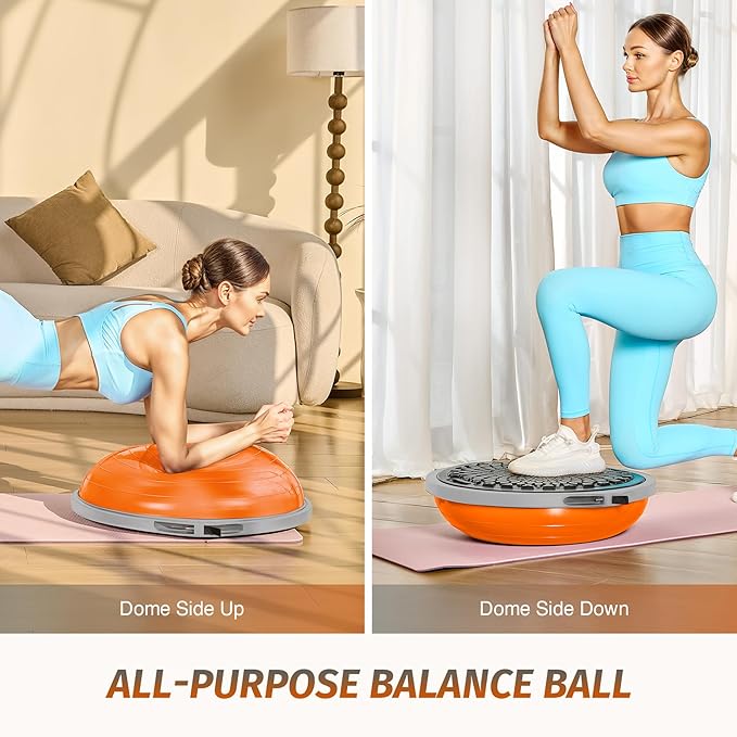 ZELUS 25in. Balance Ball | 660lb Inflatable Half Exercise Ball Wobble Board Balance Trainer w Nonslip Base | Half Yoga Ball Strength Training Equipment w 2 Bands, Pump, Extra Ball Included