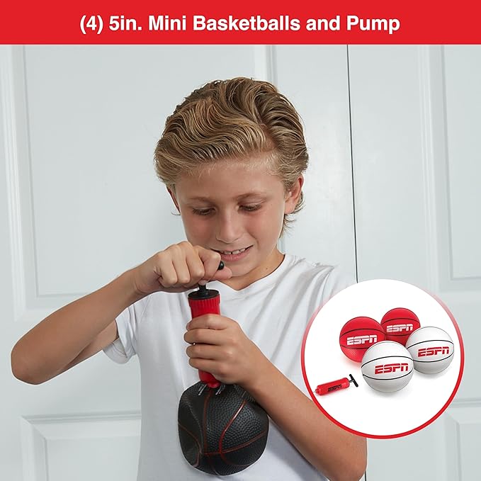 ESPN 5' Mini Basketball Set - 4 Pack (2 White, 2 Red) with Pump - Ideal for Family Games & Skill Practice