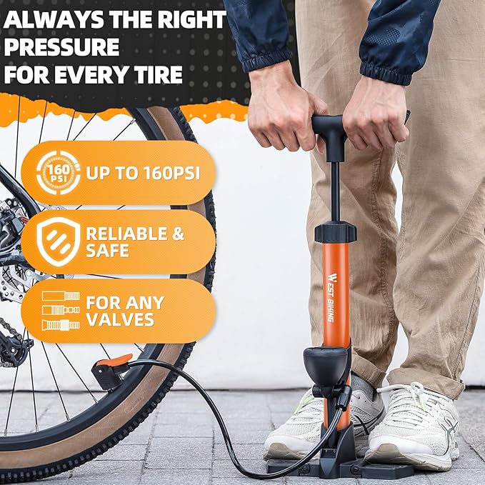 Bike Floor Pump, Bikes Pump with Gauge,Bicycle Air Pump with High Pressure 160 Psi, BikeTire Pump with Presta Schrader Valves,Portable Hand Pump Bike, Fits Road Bikes MTB E-Bike, Ball