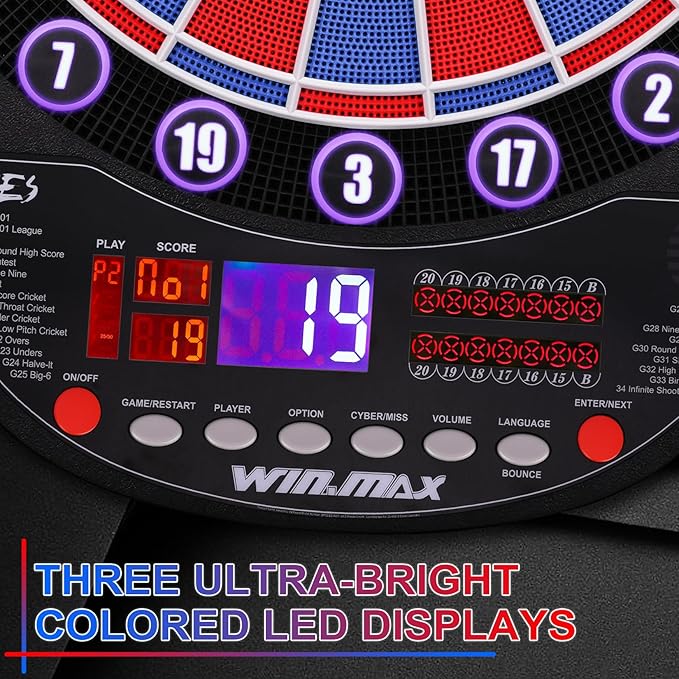 WIN.MAX Electronic Dart Board Soft Tip Dartboard Set LED Displays 3 Languages with 12 Darts 100 Tips Power Adapter