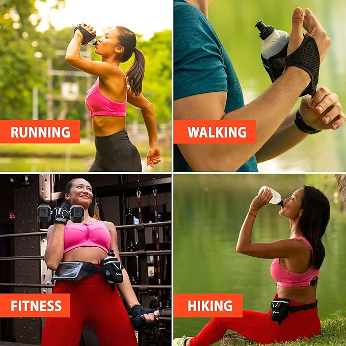 2-in-1 Running Fun – Handheld 12 Oz Water Bottle & Running Belt Add-On – No-Grip Design, Straps on Hand & Slides on Belt, Waterproof Pocket for Money, Keys, Gels – Maximize Time, Freedom & Health