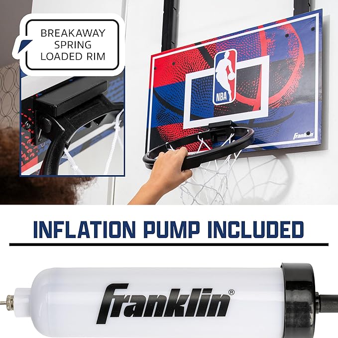 Franklin Sport NBA Grow-with-Me Kids Mini Basketball Hoop Set - Over The Door Indoor Hoop for Kids - Includes (1) Adjustable Height Basket, (1) Mini Youth Basketball + Air Pump - Ages 3+