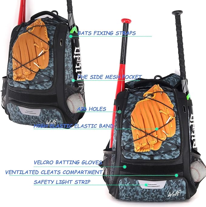 WOLT Youth Baseball Bag - Bat Backpack for Baseball, T-Ball & Softball Equipment & Gear, Bat & Glove Holder, Large Main Compartment for Helmet & accessories, Separate Shoes Compartment, Fence Hook