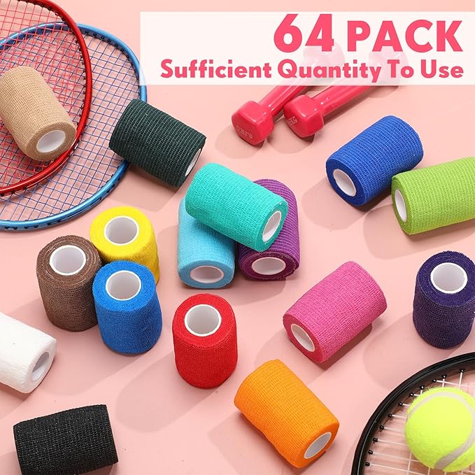 Treela 64 Pack 3" x 5 Yards Self Adhesive Cohesive Bandage Wraps, Elastic Breathable Athletic Tape, Flexible Self Adherent Bandage Rolls for Wrist, Ankle, Fingers, Sports & Pets (Multicolor)