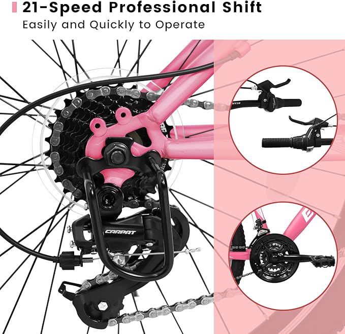 24 26 Inch Women Girls Mountain Bike, Disc/V Brakes 21 Speeds Women Bike, Sturdy Steel Frame and Suspension Fork, Stylish Adult and Teens Bicycle for Urban Trail Snow Commuter