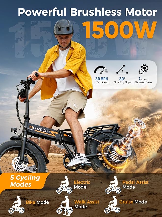 Q20 Folding Electric Bike, 52V 15.6Ah Removable Concealed Battery 20” Fat Tire Dirt Bike,1500W Motor 30 MPH Top Speed E Bikes, 7 Speed Dual Hydraulic Brake Electric Bikes for Adults