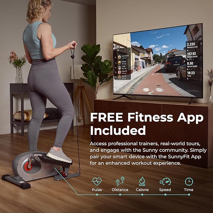 Sunny Health & Fitness 2-in-1 Sit/Stand Mini Elliptical Machine, Portable Under Desk Peddler Exerciser for Senior Home Workout, Optional Free Sunnyfit App Bluetooth Link, Handlebars or Resistance Band