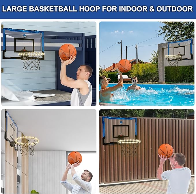 24" x 16" Large Basketball Hoop Indoor for Adults, Over The Door Basketball Hoop with Electronic Scoreboard/LED Rim, Big Basketball Toys Gifts Ideas for Man Kids Teens Boys Girls, Blue