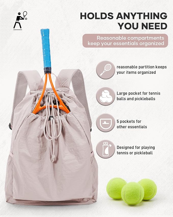 Tennis Racket Bag for Women, Waterproof Tennis Badminton Backpack 2 Racquets, Drawstring Racket Case for Ball Paddles