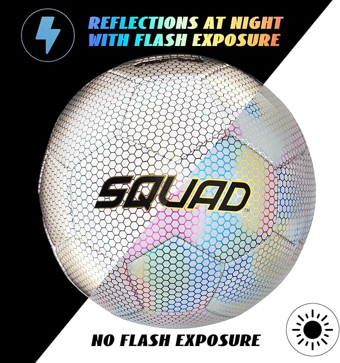 SQUAD Holographic Reflective Soccer Ball Size 5 - Reflective Glowing Ball for Night Games & Training - Durable PU Leather and Rubber Airbags - Cool & Unique Gift for Soccer Fans