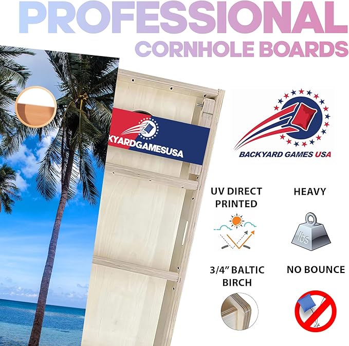 CornholeGamesUSA Pro Cornhole Boards Set | Made in USA | 3/4 Baltic Birch | No Bounce | Triple Thick Legs | Two Brace & Handles, Tournament 2x4 Regulation Set with Score Tower & Cornhole Bags