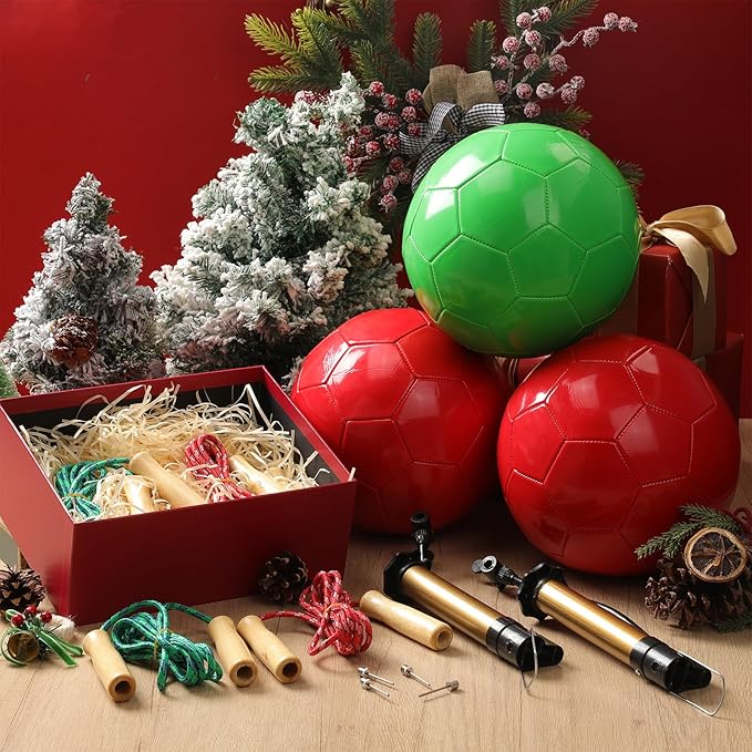 24 Sets Operation Christmas Deflated Size 5 Soccer Ball Bulk with Pump Jump Rope, Outside Soccer Sport Ball 7.25 ft Adjustable Skipping Rope