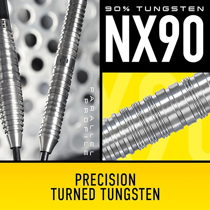Harrows NX90 Bomb & Parallel Shape Darts Set I Professional Darts 90% Tungsten Steel Tip All Weights Pro Darts I 10pc Set with Black Supergrip Midi Shafts & NX90 Flights