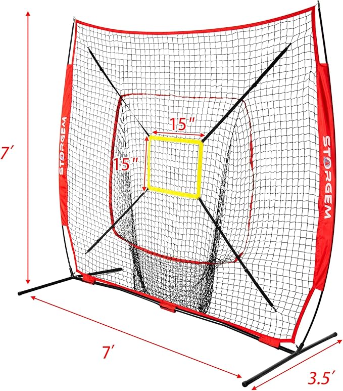Storgem Baseball and Softball Practice Net 7×7ft Portable Hitting Pitching Batting Training Net Baseball Backstop Net with Batting Tee and Strike Zone and Bow Frame