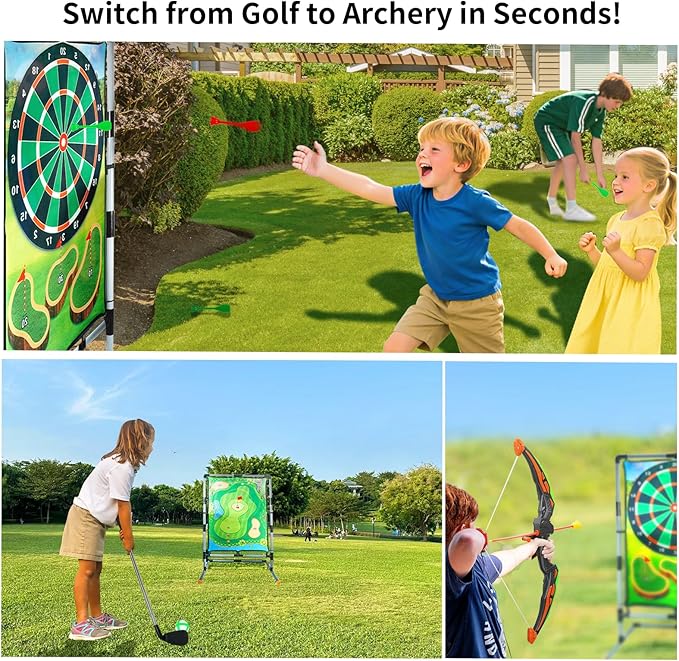 Golf Chipping Game with Stand, Multi-Sport Golf Practice Set with Archery, Darts,Double-Sided Hitting Mat for Backyard Fun, Indoor/Outdoor Sports Toy for Kids & Adults