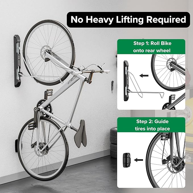 Bicycle Rack for Garage and Indoor Use, Adjustable, Foldable Bike Rack Set of 2 - Wall Mount for Road, Hybrid, Small Mountain, BMX Bikes - Secure and Space Saving Bike Storage (2 Pack)