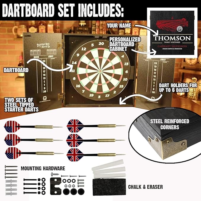 THOUSAND OAKS BARREL CO. | Personalized Dartboard & Cabinet Set with 6 Steel Tip Darts