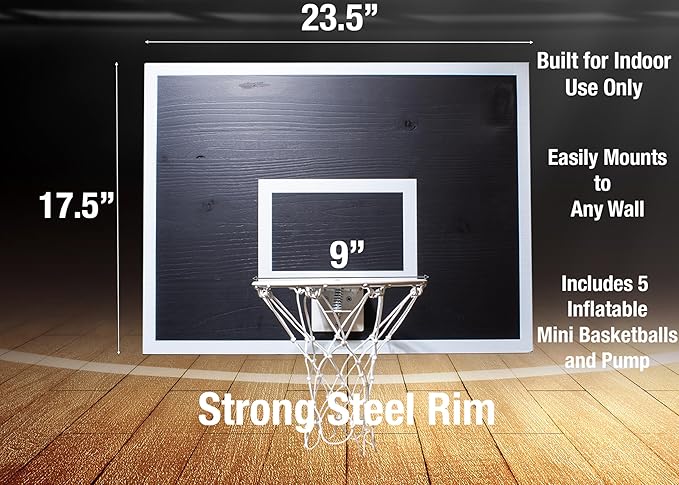 CALIKIWIPROS Mini Basketball Hoop Set Pro League Decorative Solid Wood Wall Mount, Includes 9’ Hoop & 5 mini Basketballs, Classic Look with Colors Matching Some pro Teams.