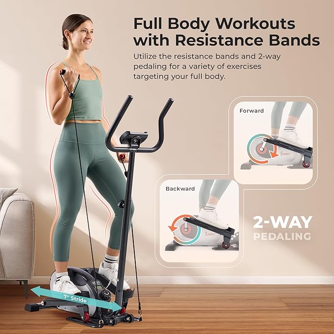 Sunny Health & Fitness 2-in-1 Sit/Stand Mini Elliptical Machine, Portable Under Desk Peddler Exerciser for Senior Home Workout, Optional Free Sunnyfit App Bluetooth Link, Handlebars or Resistance Band