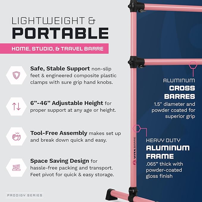 VITA Barre Portable Freestanding Double Ballet Barre, Prodigy, with Carry Bag | Adjustable Height, USA Made, Home or Gym Exercise Equipment for Kids & Adults | Dance, Fitness, Pilates