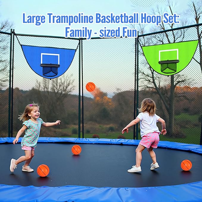 2PCS Large Trampoline Basketball Hoop Set 35.4"×19.7" with 4 Mini Balls and 1 Pump-Indoor & Outdoor Game-Easy to Install-Trampoline Accessories for Kids (Blue & Green)