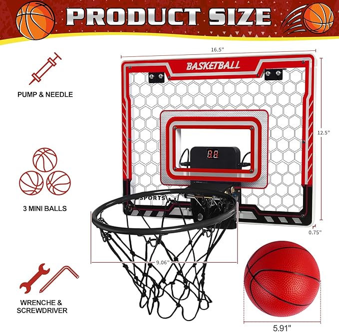 Mini Basketball Hoop Indoor with Scorer and Batteries, Indoor Basketball Hoop Over The Door with Colorful LED Lighting, Toy Basketball Set for Boys Girls Age 3 4 5 6 7 8