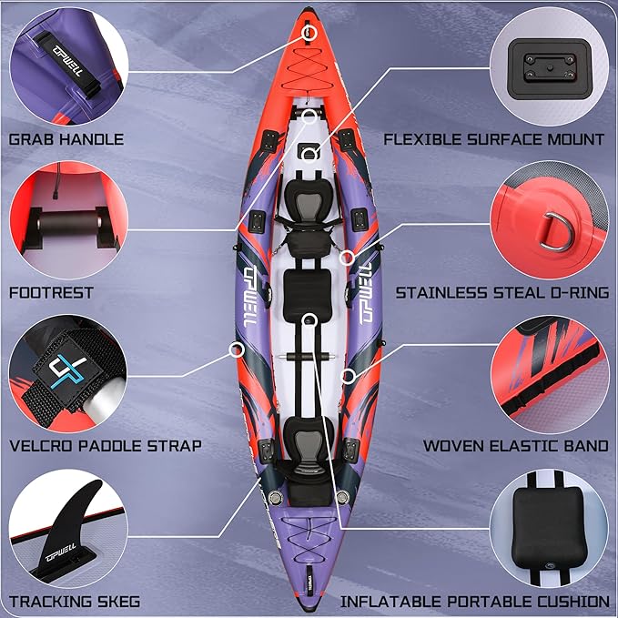 UPWELL 11'/14'6”Inflatable Kayak with Drop Stitch Floor and Accessories Including Kayak Seat with Thickened Cushion, Paddle, Fin, Repair Kits, Carry Bag and Hand Pump