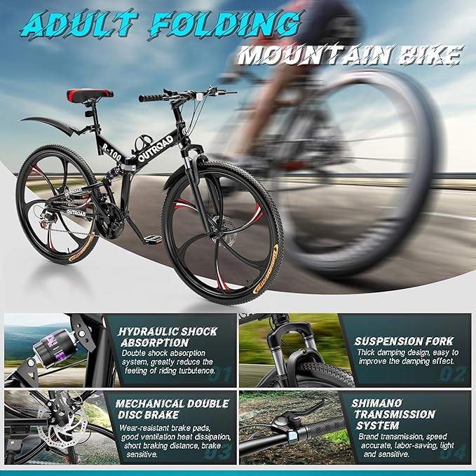Betterland 26 Inch Folding Mountain Bike, 21 Speeds Full Suspension Foldable Bikes, Dual Disc Brake, High Carbon Steel Frame and Non-Slip Quick Release tire Bicycle for Adult