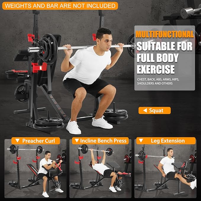 OPPSDECOR Professional Weight Bench Set with Barbell/Squat Rack, 900LBS Heavy Duty Bench Press Set with Leg Curl/Extension and Preacher Curl, Adjustable Full-Body Workout Bench for Home Gym Fitness