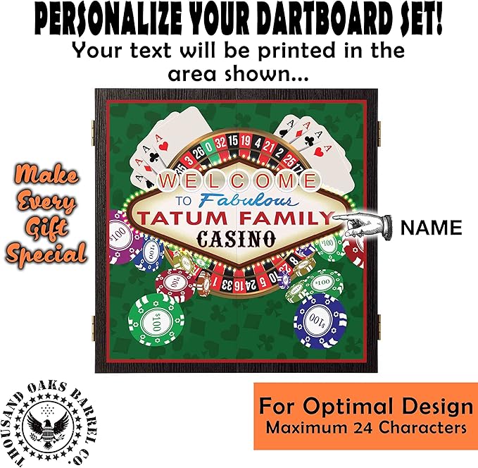 THOUSAND OAKS BARREL CO. | Personalized Dartboard & Cabinet Set with 6 Steel Tip Darts
