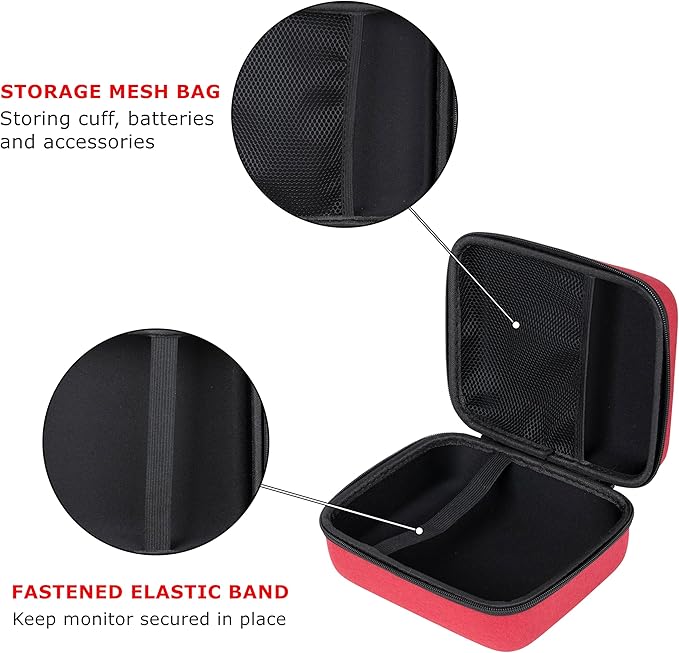 Ginsco Universal Hard Shell Case for Blood Pressure Monitor, Compatible with Omron Platinum/Gold, Portable Carrying Travel Case with Handle, Mesh Pocket for Cuff/Batteries/Charger (Red, L)