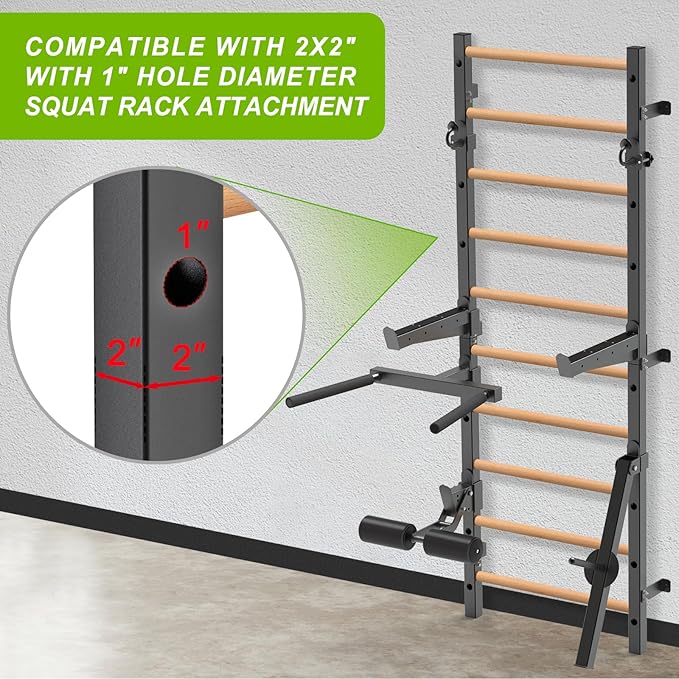 Wood Stall Bar, 2"x2" Swedish Ladder with 1" Hole, 11 Strategic Rods, Wall Mounted Suspension Trainer for Home, Gym, School and Clinic
