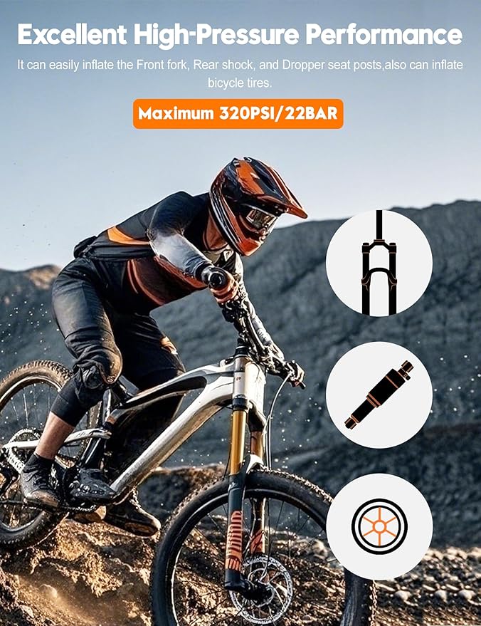 Tiakia High Pressure Shock Pump with Digital Pressure Gauge for Air Front Fork & Rear Suspension, Portable Bike Pump Aluminum Bicycle Tire Inflator Frame Pump Fit Schrader/Presta DH Bike