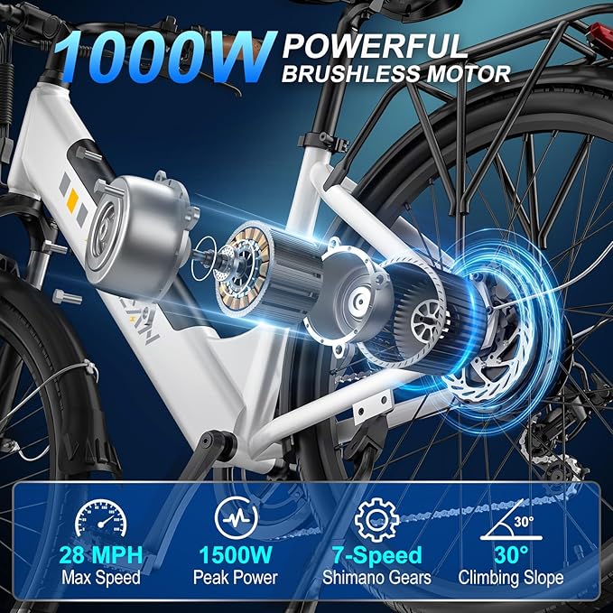 V80 Electric Bike, 1000W Motor 28MPH Ebike, 48V 13Ah Removeable Battery, 26'' City Cruiser Adult Electric Bicycles up to 70 Miles