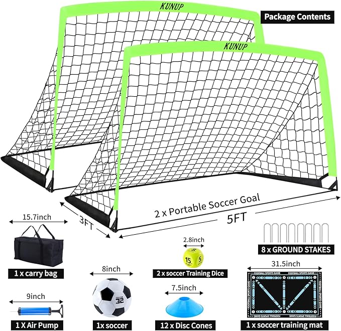 2 Pack Kids Soccer Goal for Backyard Set 5x3FT Portable Pop Up Soccer Net Training Equipment with Soccer Ball, Training Dice Mat, Cones and Carry Bag for Youth Toddler Teams Indoor Outdoor Sport Game