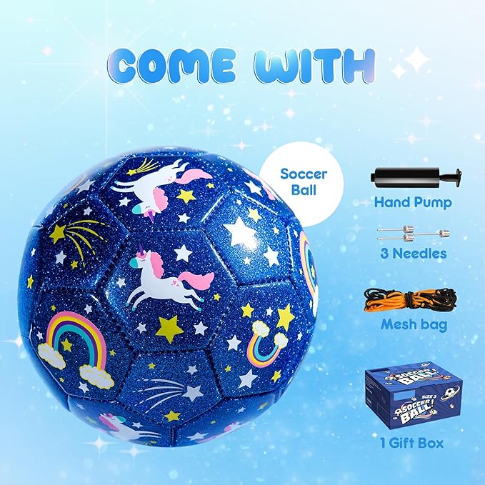 Kids Soccer Ball Size 2 Size 3 Size 4 Glitter Unicorn Dinosaur- For Toddlers Kids Age 1-3 3-8 8-12 - Sports & Outdoors Ball Inflatable with Pump - Gift for Girls Boys Children Youth School Birthday