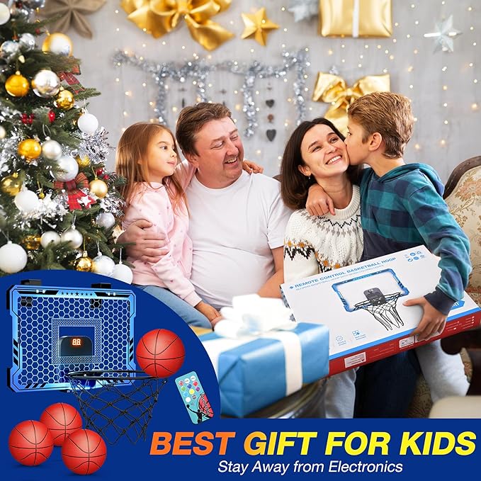 ropoda Indoor Basketball Hoop, Mini Hoop with Remote Controll, 7 LED Lights, 3 Modes Scoreboard, Mini Hoop with 4 Balls Over The Door, Basketball Hoop Indoor, Toys Gifts for Kids Adults