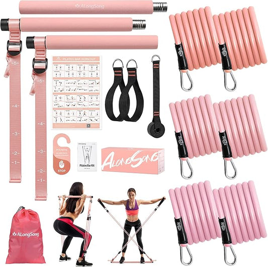 Upgraded Pilates Bar Kit with Resistance Bands Natural Latex for Women & Men, Heavy-Duty Stainless Steel Multifunctional Yoga Pilates Stick for Home Gym Exercise Fitness Equipment Full-Body Workouts