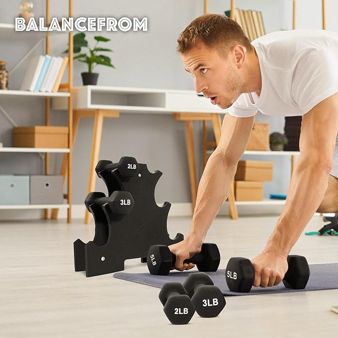 BalanceFrom Rubber Coated Hex Dumbbell Weight Set with Storage Rack, 100LB or 150LB or 200LB Set, 5-20 lbs or 5-25 lbs or 10-30 lbs Pairs
