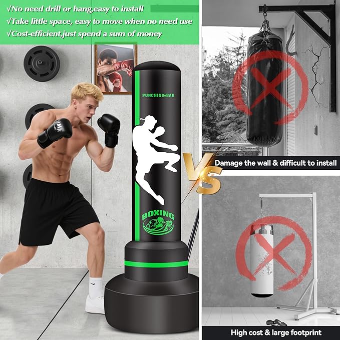 Freestanding Punching Bag with Gloves, 70'' Heavy Boxing Bag with Stand for Adult Teens, Standing Women Men Inflatable Kickboxing Bags for Beginners Training MMA Muay Thai Fitness