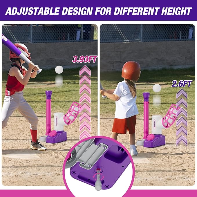 Tball Set for Toddlers 3-5, Tee Ball Set with Step on Pitching Machine/Adjustable Batting Tee/Retractable Baseball Bat/8 Pop Up Balls, Outdoor Sport Toy Games for Kids Girls