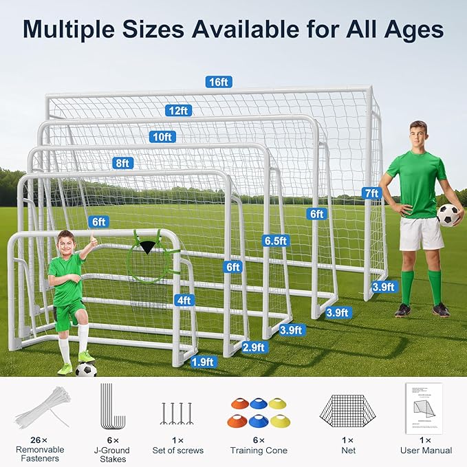 MOPHOTO 6x4/8x6/10x6.5/12x6/16x7ft Soccer Goals for Backyard, Foldable Steel Soccer Goal with 6 Cones, Weatherproof Soccer Goal for Teens/Adults Practice Training