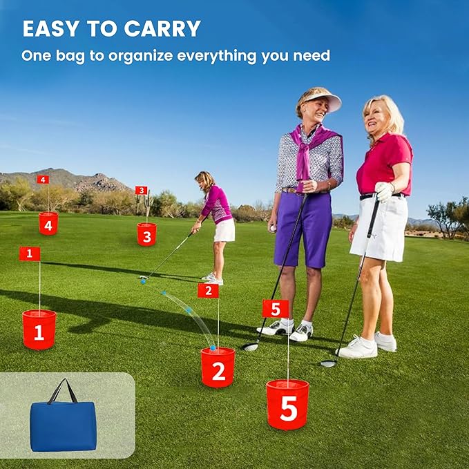 Golf Bucket Yard Game 6-Hole Set with 2 Clubs, Portable Outdoor Yard Game for Family and Adults, Golf Chipping Practice for Lawn, Beach, Camping, Park