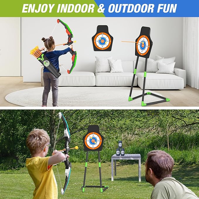 2 Pack Bow and Arrow for Kids, LED Light Up Archery Set with 24 Suction Cup Arrows, 1 Standing Target, 6 Score Targets & 2 Quiver, Indoor Outdoor Sport Gifts for Boys Girls Ages 4-8