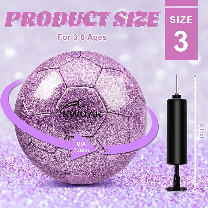 Size 3 4 5 Glitter Pink Gold Purple Soccer Ball Set with Pump Youth Soccer Ball for Kids Aged 4-6 6-8 8-12 Toddler Soccer Ball Soft Training Ball Practice for Teens Children Adults Boys Girls